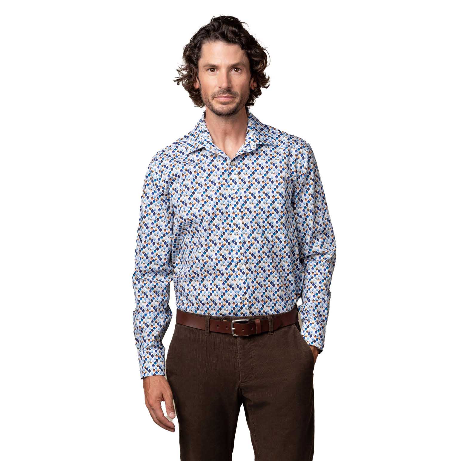 Rembrandt Sinatra White Blue & Beige Geo Print Shirt